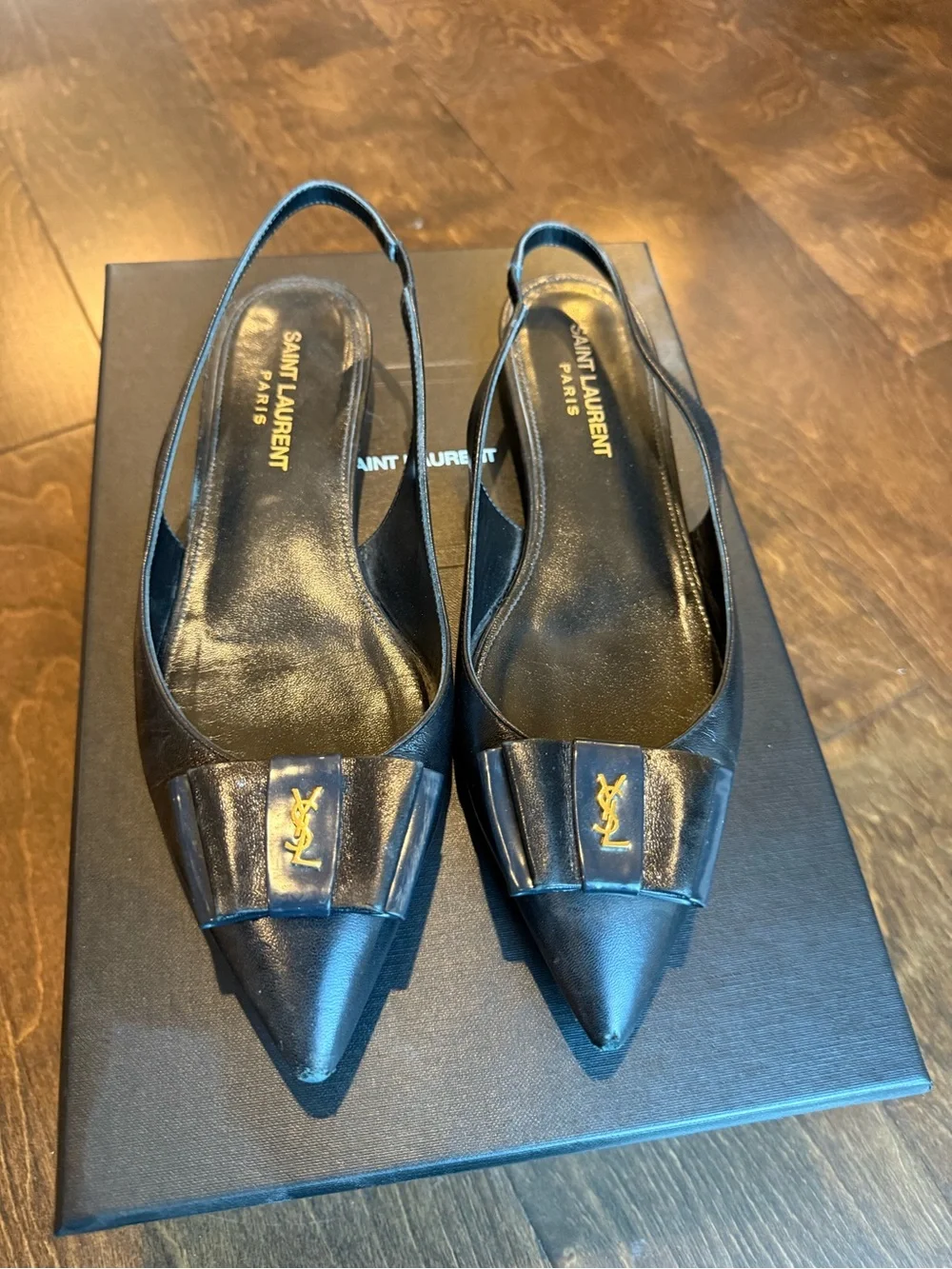 Yves Saint Laurent Anais Black Pointy Slingback Flat with Bow and Gold Logo